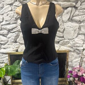 Chic Black V-Neck Top with Rhinestone Bow